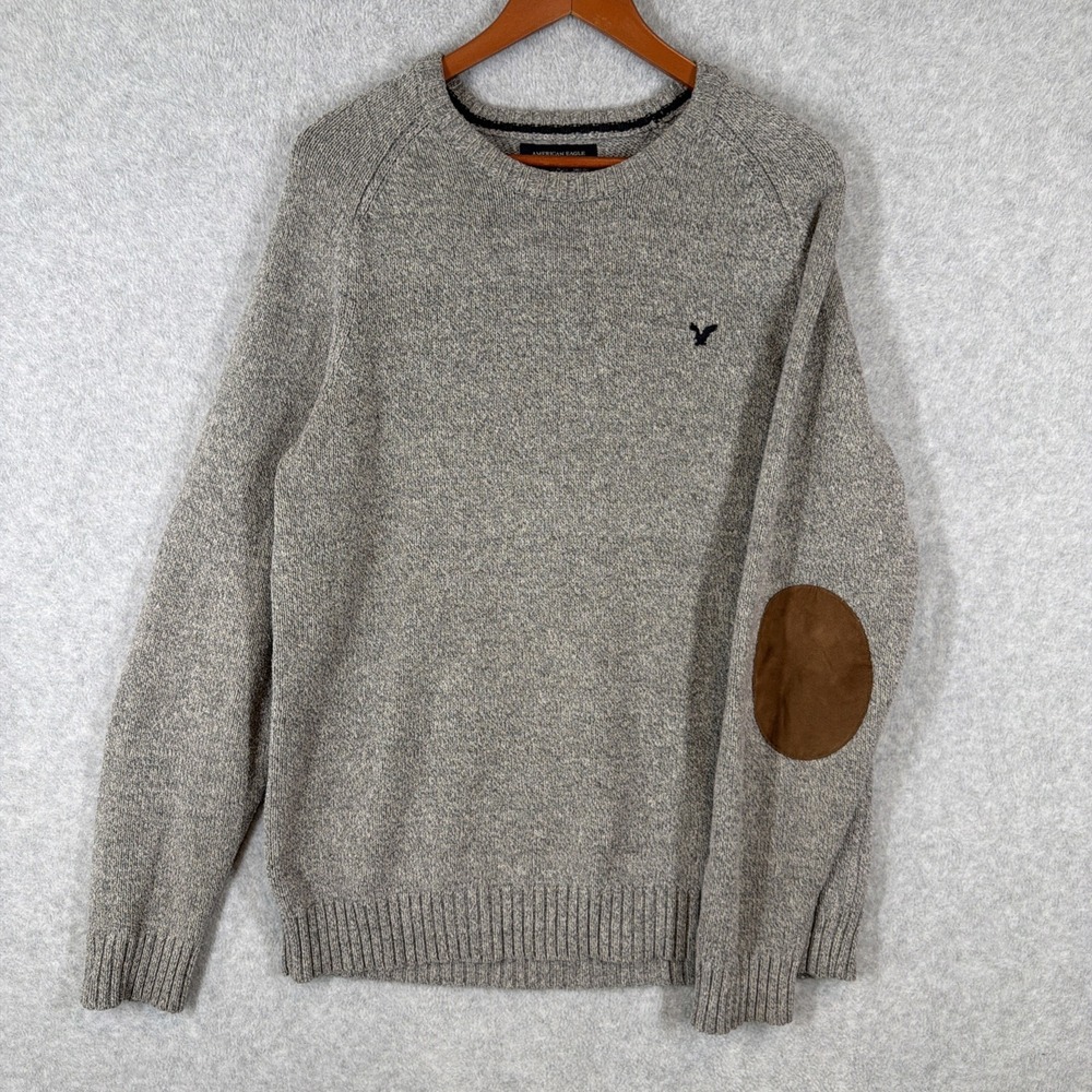 American Eagle Outfitters Sweater Mens Lg Tall Gray Crew Neck Elbow Patch Knit